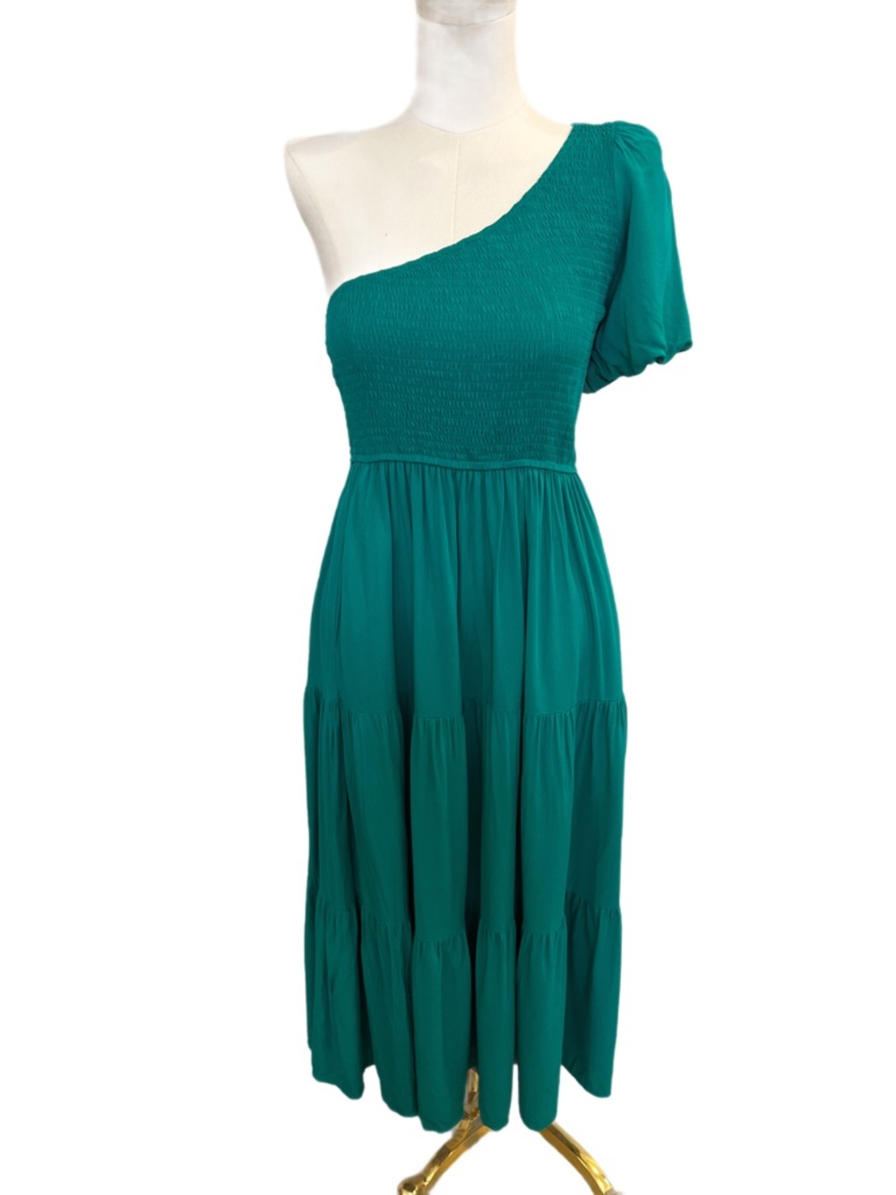 Zesica One-Shoulder Teal Tiered Maxi Dress with Smocked Bodice. So pretty on.